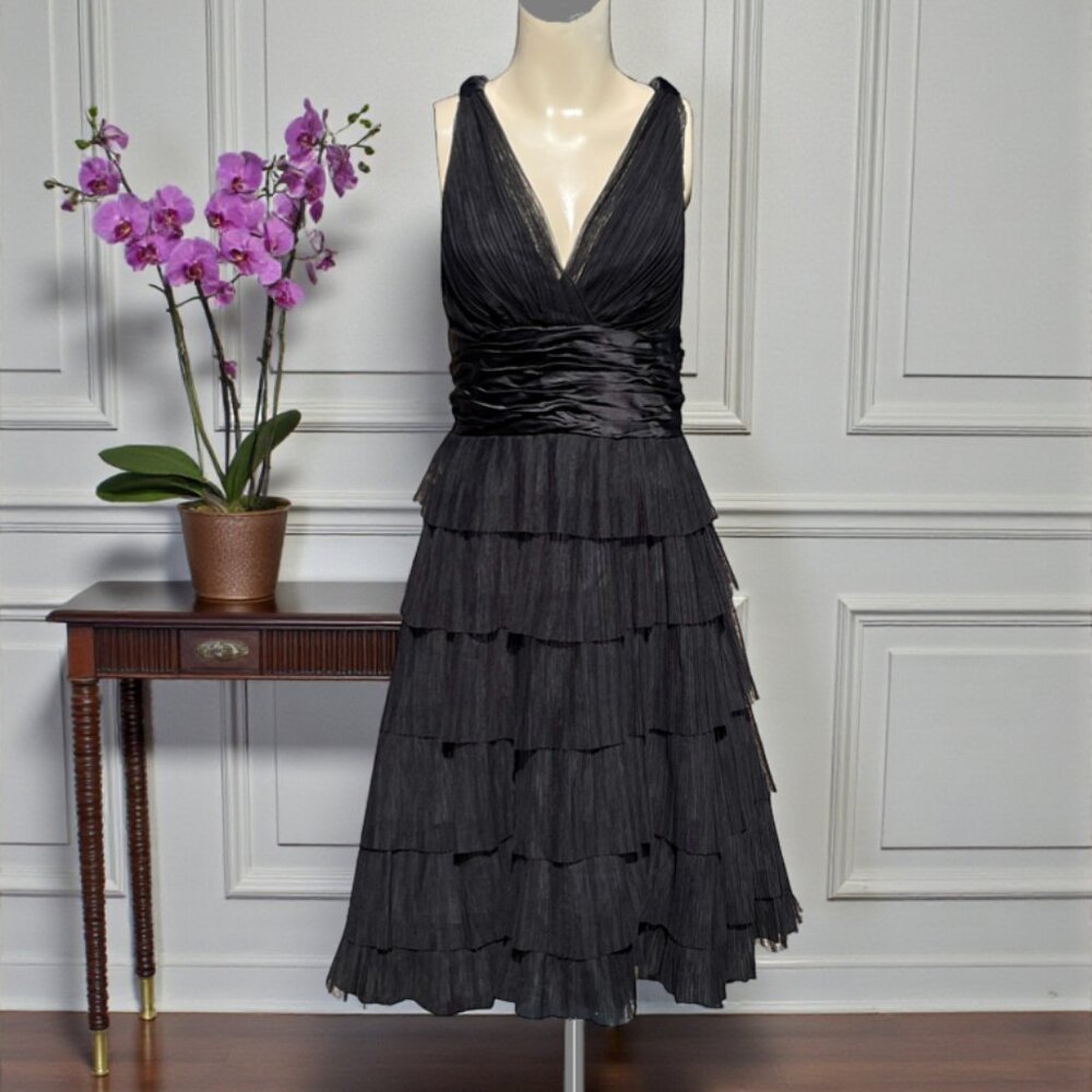 Maggy London Black V-Neck Tiered Ruffle Midi Dress - Picture 3 of 7